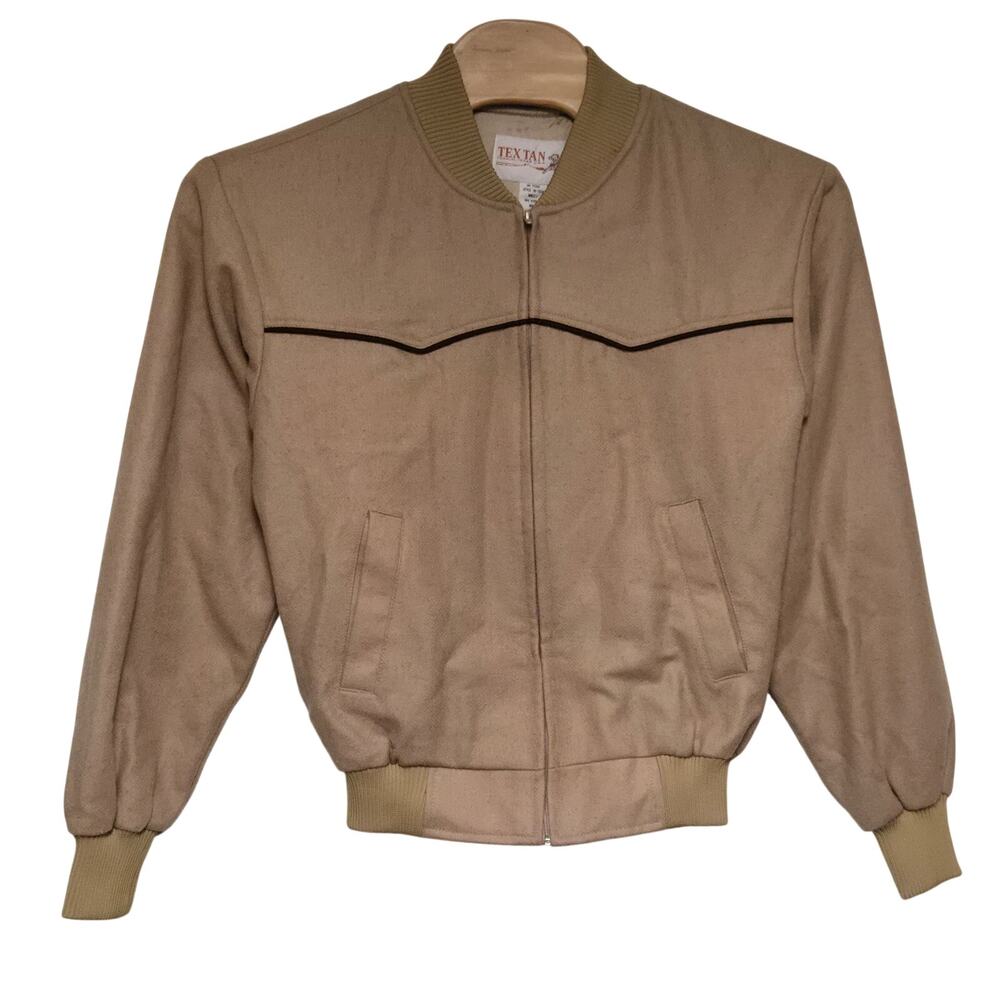 Vintage Tex Tan Western Bomber Jacket Size Large Tan Wool made in the USA